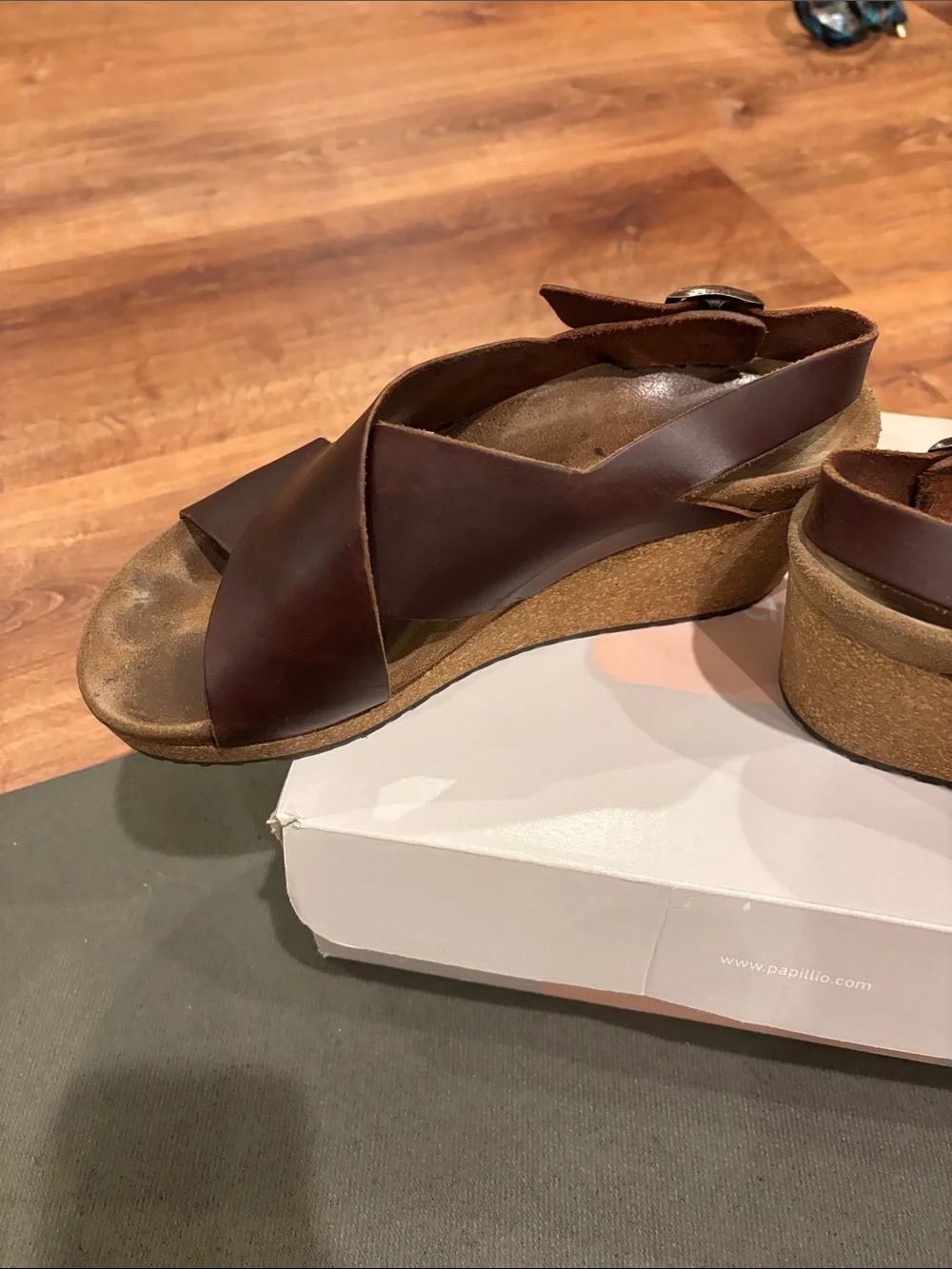 Papillio Brown Leather Crisscross Wedge Sandals